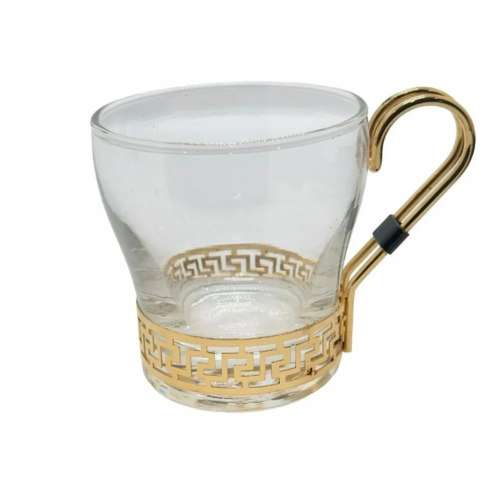 1PC Vintage Libbey Glass Continental Coffee Tea Cups Mugs Gold Metal Greek Key